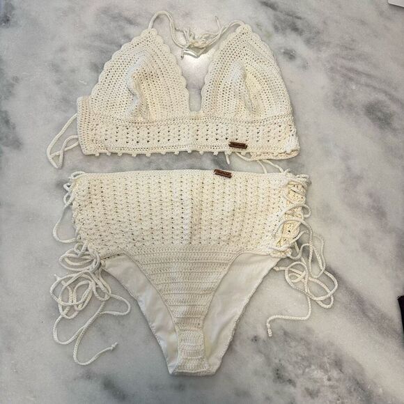 KereCrochet Strappy Halter Top and Lace-up Bottom 2 Piece Bikini Set Ivory XL - Picture 1 of 5